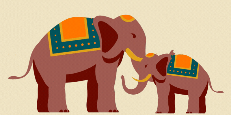 colourful big and small elephant facing each other