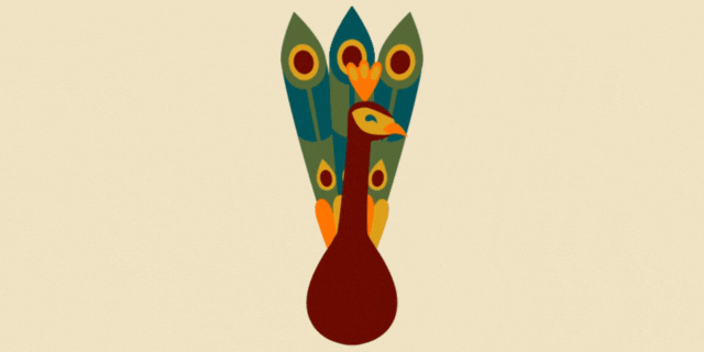 a colourful animated peacock spreading its feathers nice and wide and ending with a nice little rocking movement from side to side