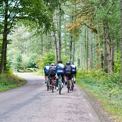 group of individuals riding their bikes off into the distance with greenery around them